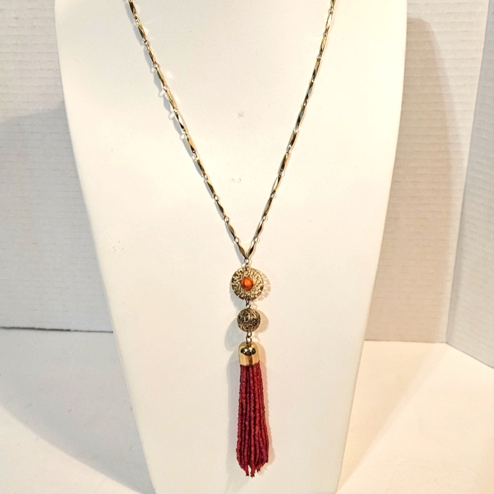 Necklace with Burgundy Bead Tassel Gold Tone 21" Long
